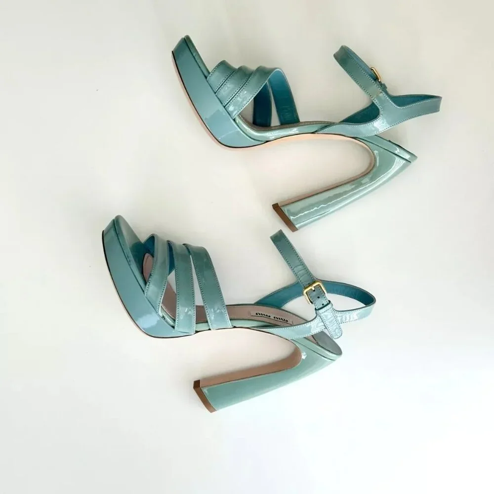 NEW MIU MIU Seafoam Blue Patent Leather Ankle Strap Platform Sandals Size 8.5